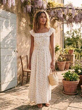 White Blue Floral Linen Blend Maxi Dress Belted Waist Cottagecore Coastal XL